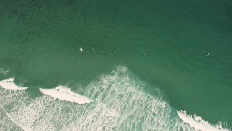 carmel-by-the-sea beach drone video brumoso mañana surfistas en las olas - dando vueltas hacia abajo en los surfistas alternativos