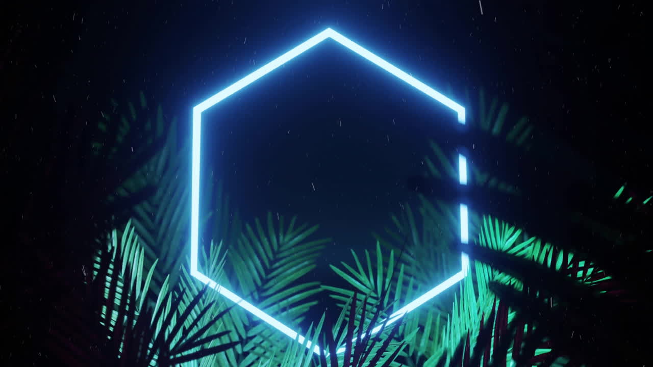 Animation of neon shape and leaves on black background