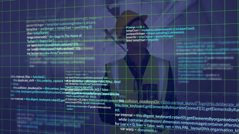 construction engineer wearing yellow helmet and vest, examining floating code, grid in ar workspace