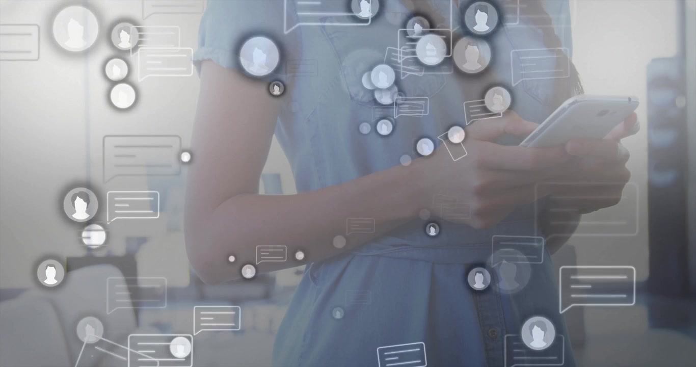 Businesswoman tapping smartphone screen in office releasing floating messaging icons before calling