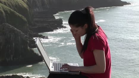 Mujer que trabaja en la computadora portátil