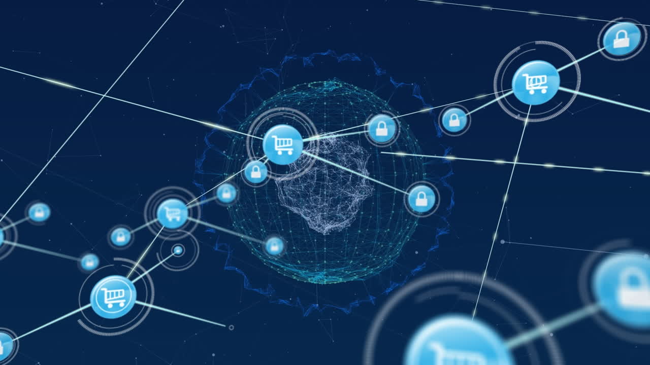 animación de la red de conexiones con iconos de compras en línea en todo el mundo