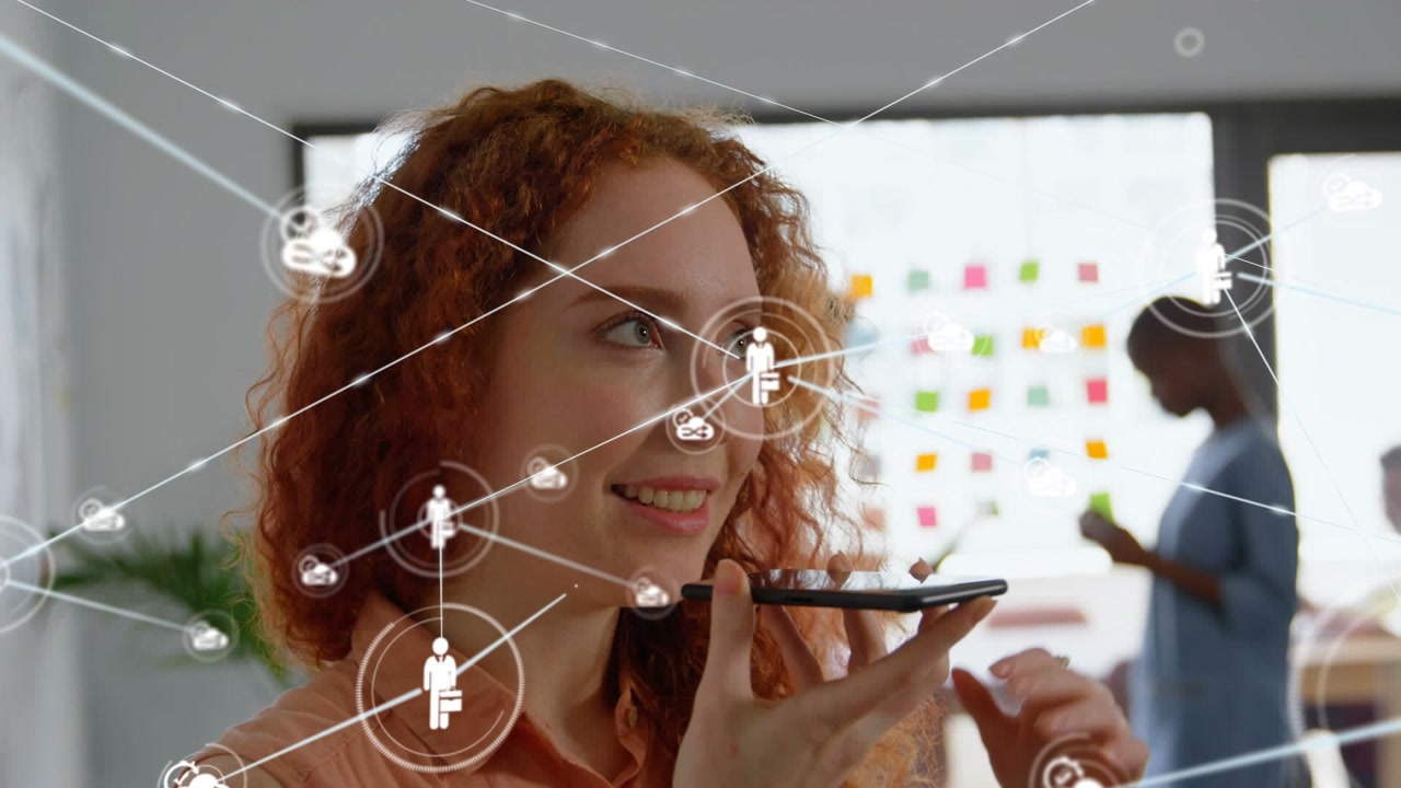 Animation of network of connections over diverse business people in office