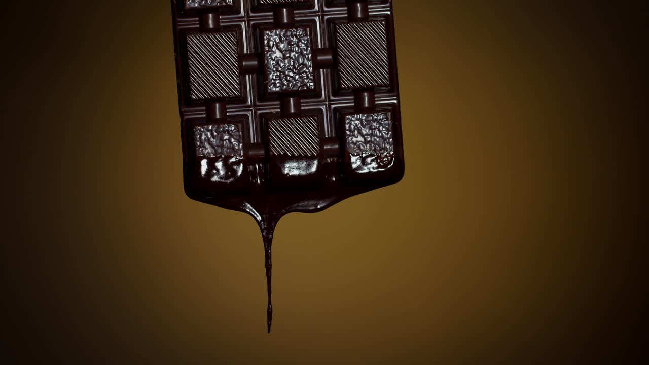 녹은 초콜릿 시럽이 어두운 갈색 바탕에 흘러내리는 초콜릿 바, 과자