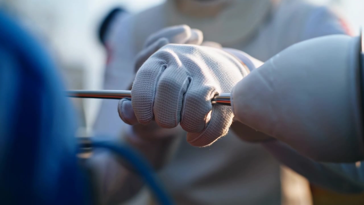 Close view shows padded white glove holding polished fencing blade near protective bell guard as hand remains steady, with cool indoor light, soft background blur, and tight sports detail.