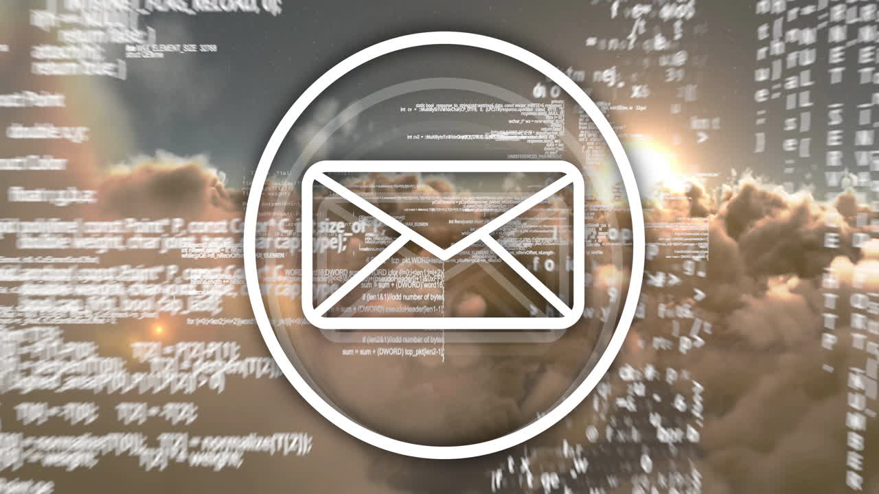 디지털 코드와 구름 배경 위에 이메일 아이콘 애니메이션