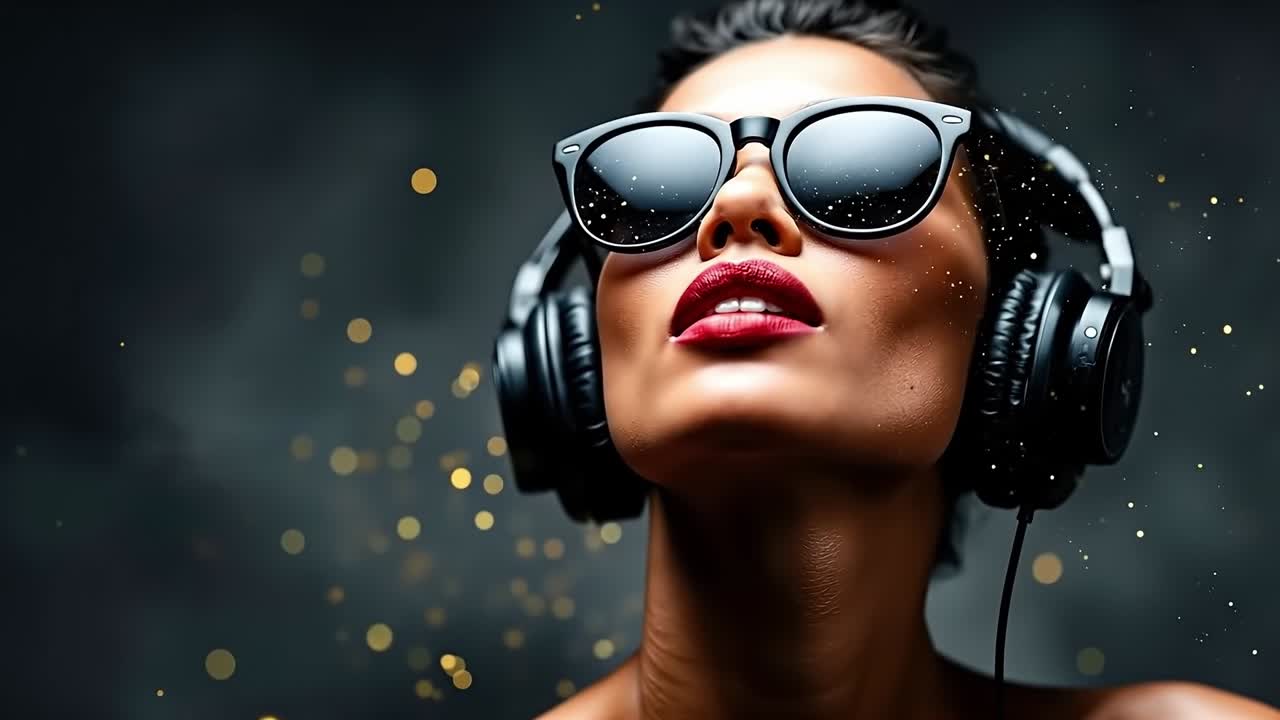 Una donna con occhiali da sole e cuffie che ascolta musica