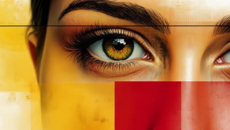 close-up view of a striking eye with colorful abstract background