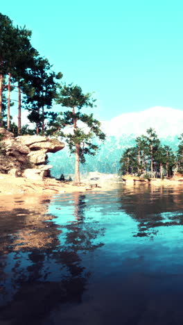 lago de montaña sereno con bosque de pinos
