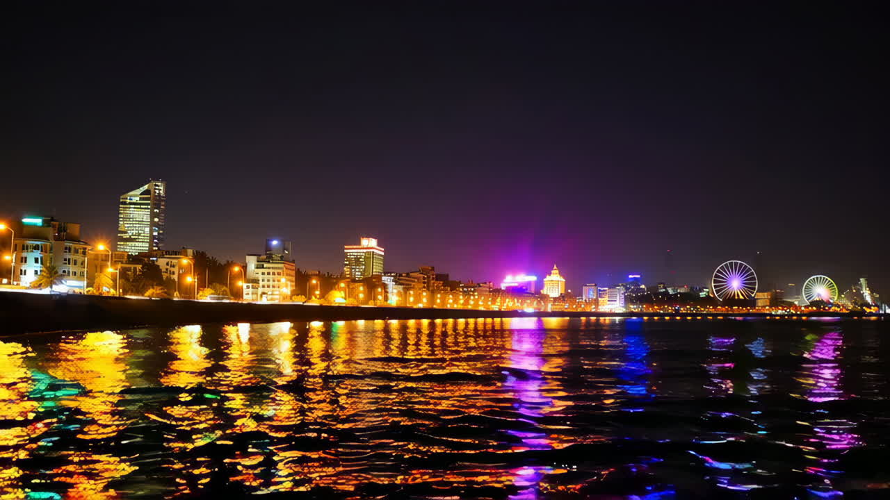 Colorful City Lights at Night Reflecting on Water