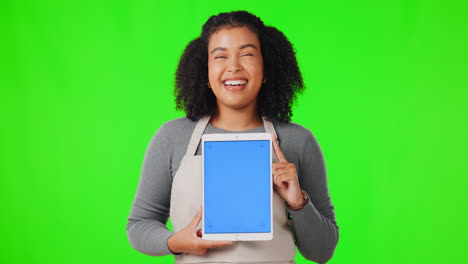 tableta, pantalla y modelo de publicidad de mujer feliz