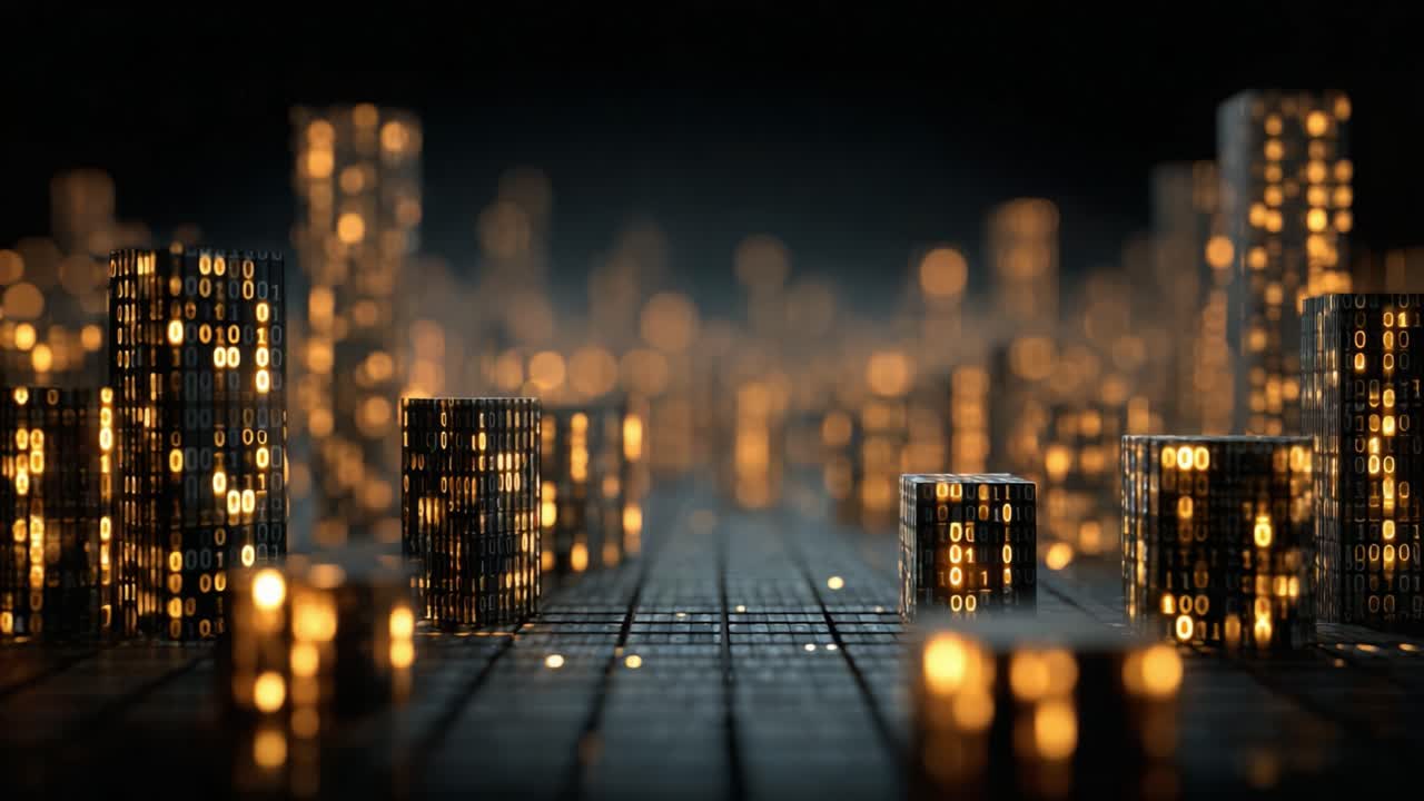 A Digital Cityscape Represented by Glowing Binary Numbers in an Abstract Art Style, Illustrated Through Two Frames for Threshold Effects and Depth Perception