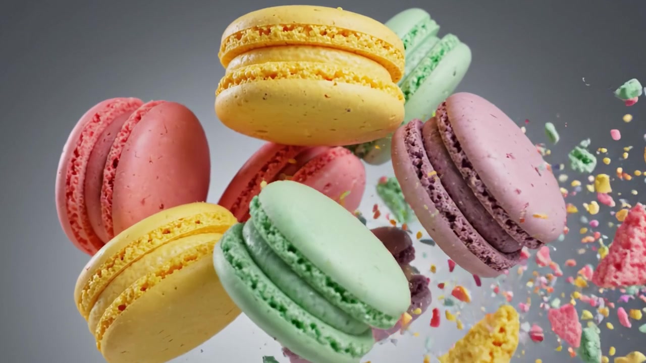 A Beautiful Array of Colorful Macarons Floating Elegantly in the Air, Showcasing Their Delightful Pastel Hues and Unique Textures for an Enticing Dessert Experience.
