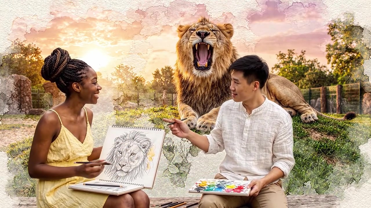 Artists Capturing the Majesty of a Lion: A Peaceful Sunset Scene with a Lion Observing Two Creators As They Sketch and Paint Its Magnificence