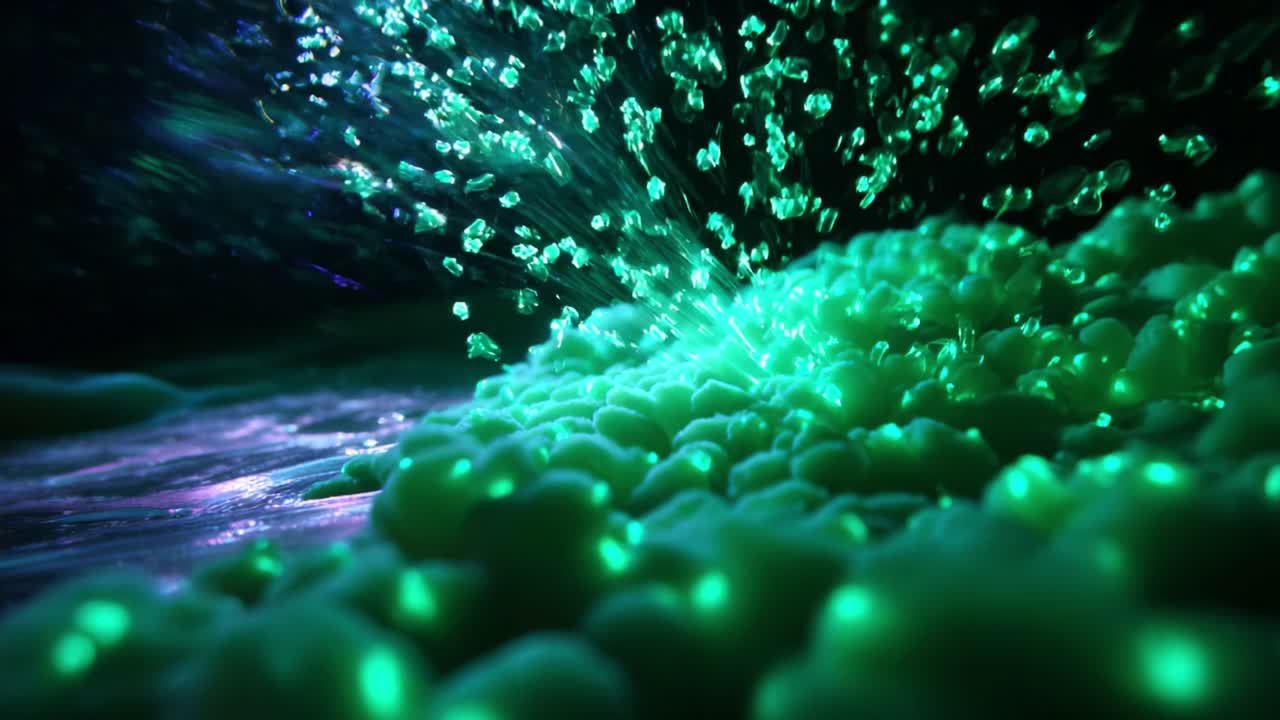 An Enigmatic Display of Vivid Green Bubbles and Light: Exploring the Fascinating Interplay of Light and Texture in a Hypnotic Close-Up View of Fluid Dynamics and Bubbly Surfaces
