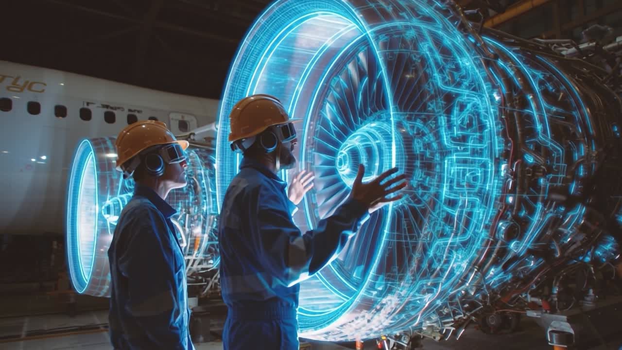 Teknisi memeriksa mesin pesawat terbang dengan overlay digital