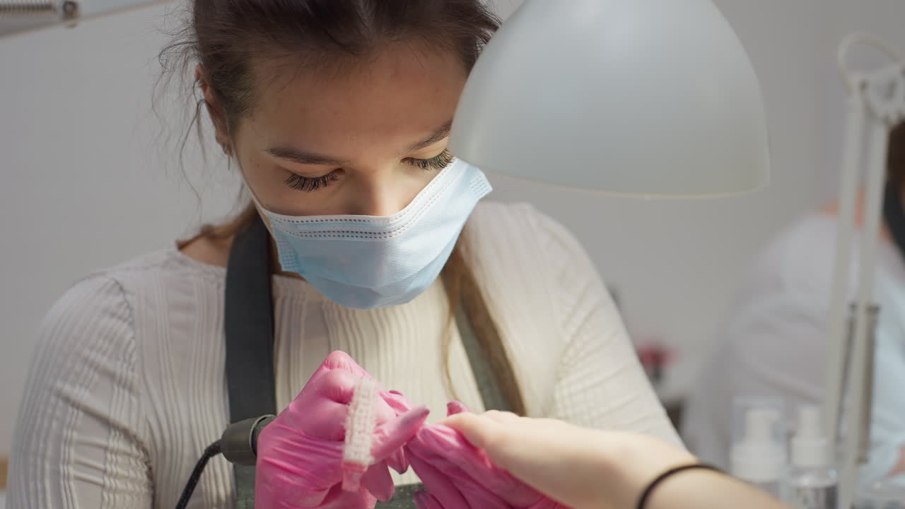 Closeup of nail technician wearing face mask and pink gloves using electric nail file and brush on client nails under bright white lamp with another technician and salon tools blurred in background