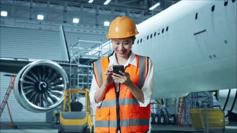 mujer ingeniera usando el teléfono en el hangar del avión