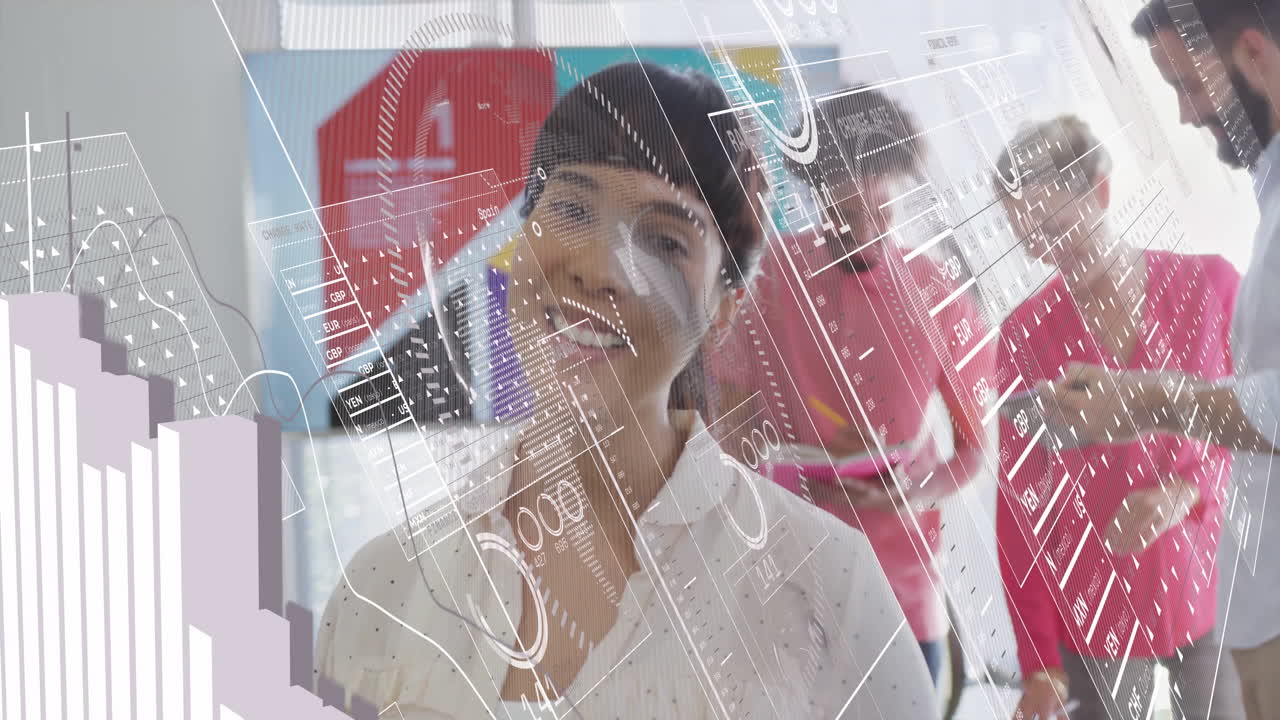 Smiling woman in office with digital data processing animation overlay
