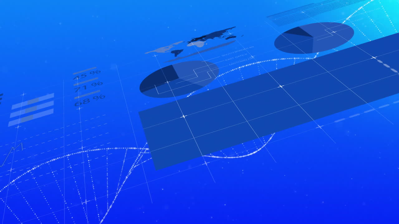 Animation of data charts and graphs with world map on blue digital background