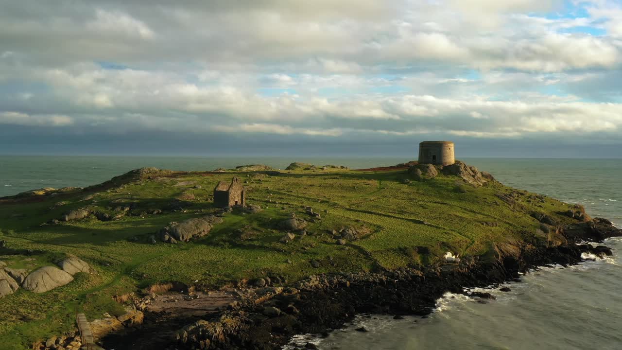 Dalkey Island, Dublin, Ireland, January 2020, Drone, Pushing past St. Begnet Church and Martello Tower revealing Ruined Fort
