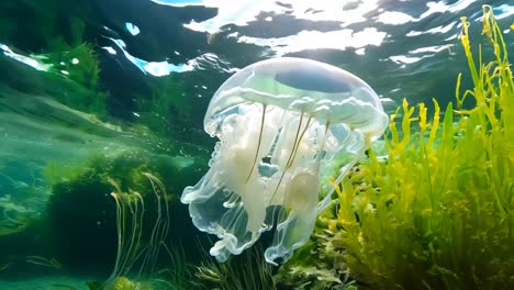 a jellyfish swimming in an aquarium filled with green plants