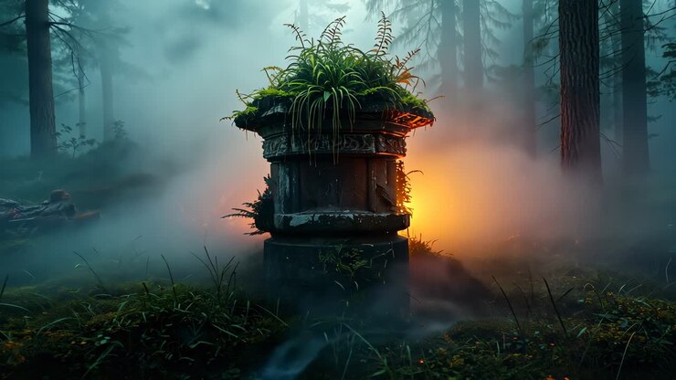 Growing orange light behind stone pedestal bathing misty forest clearing, drifting embers and ferns