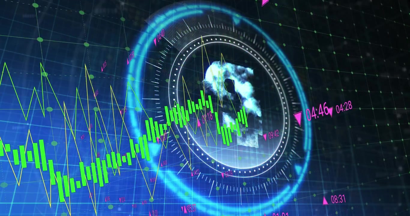 Animação de processamento de dados financeiros sobre varredura de escopo com símbolo da libra em fundo preto