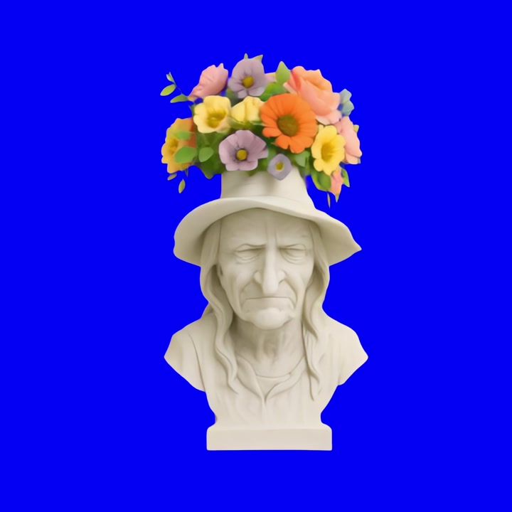 Roterende buste af ældre person med hat og blomster