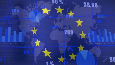 european union stars animation over world map with financial data and charts
