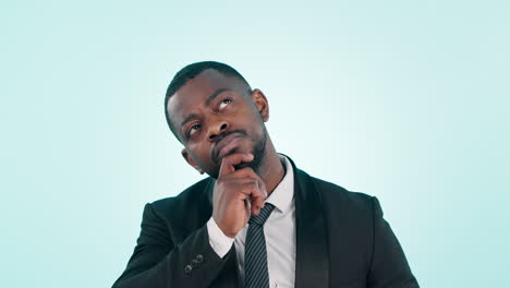 Business man, thinking and idea studio