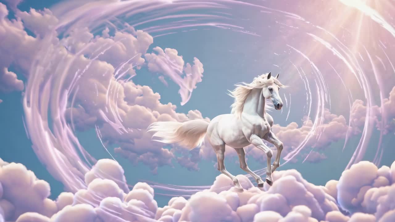 A majestic white horse gallops through fluffy clouds under a bright sky