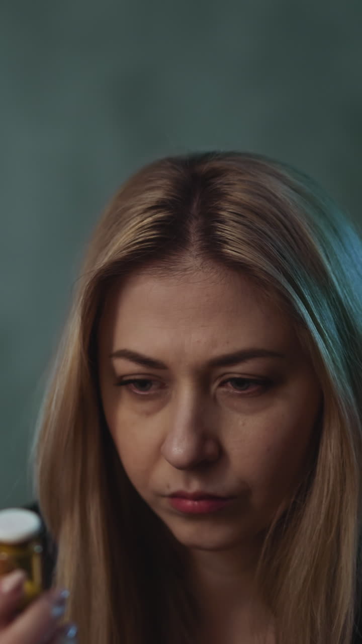 una mujer rubia deprimida mira un pequeño frasco de pastillas de vidrio con antidepresivos pensando en suicidarse en una habitación semi-oscura en casa.