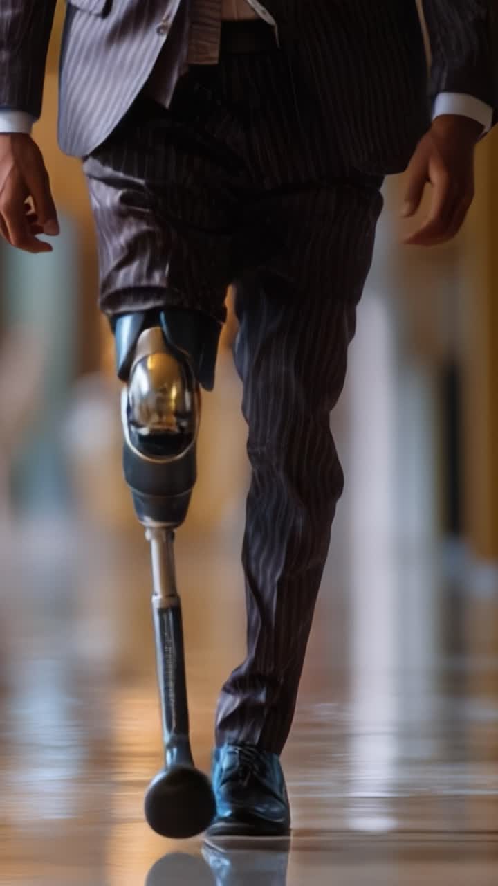 A person confidently walking with a prosthetic leg, showcasing resilience and modern technology in an elegant suit at a well-lit indoor setting