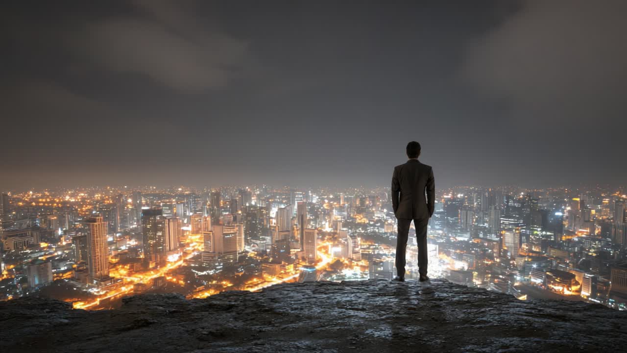 A solitary figure gazes over a shimmering urban skyline at night, contemplating the vibrant lights and vast expanse of a bustling cityscape below