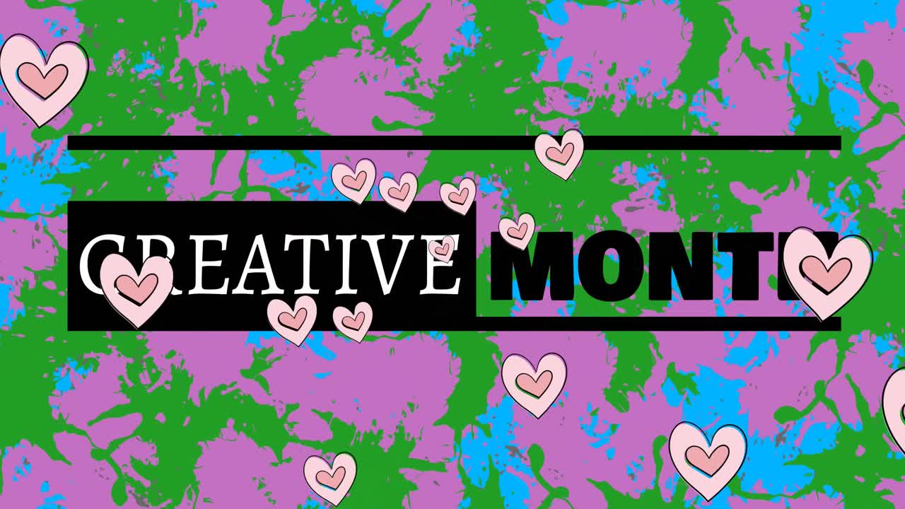 animación del texto del mes creativo y corazones sobre manchas coloridas sobre fondo azul