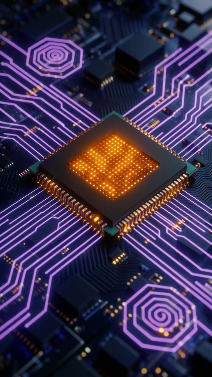 Processorchip på et printkort med glødende datastrømme