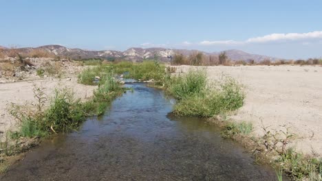 aerial of a desert creek, flies up to reveal green band in sandy desert