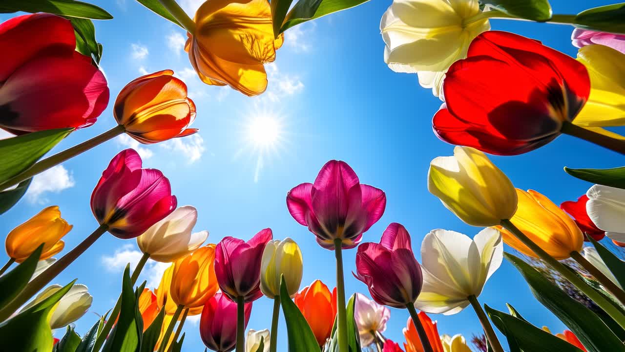 Vibrant tulips shot from a low angle against a bright blue sky, capturing a dynamic, uplifting scene