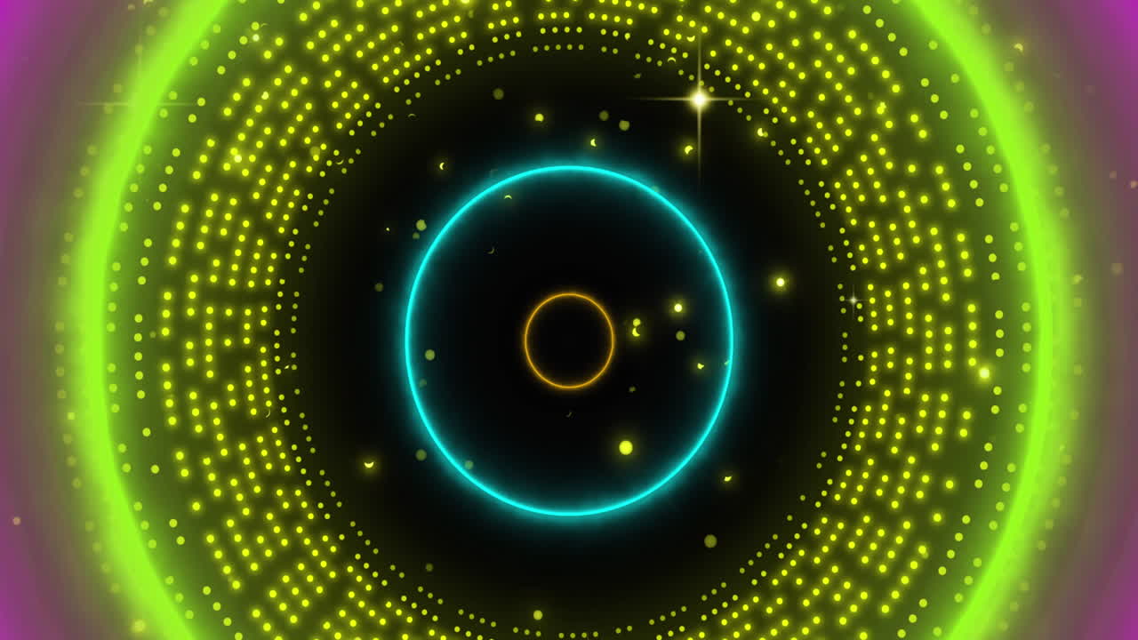 Animazione di cerchi al neon su un motivo a luci gialle lampeggianti