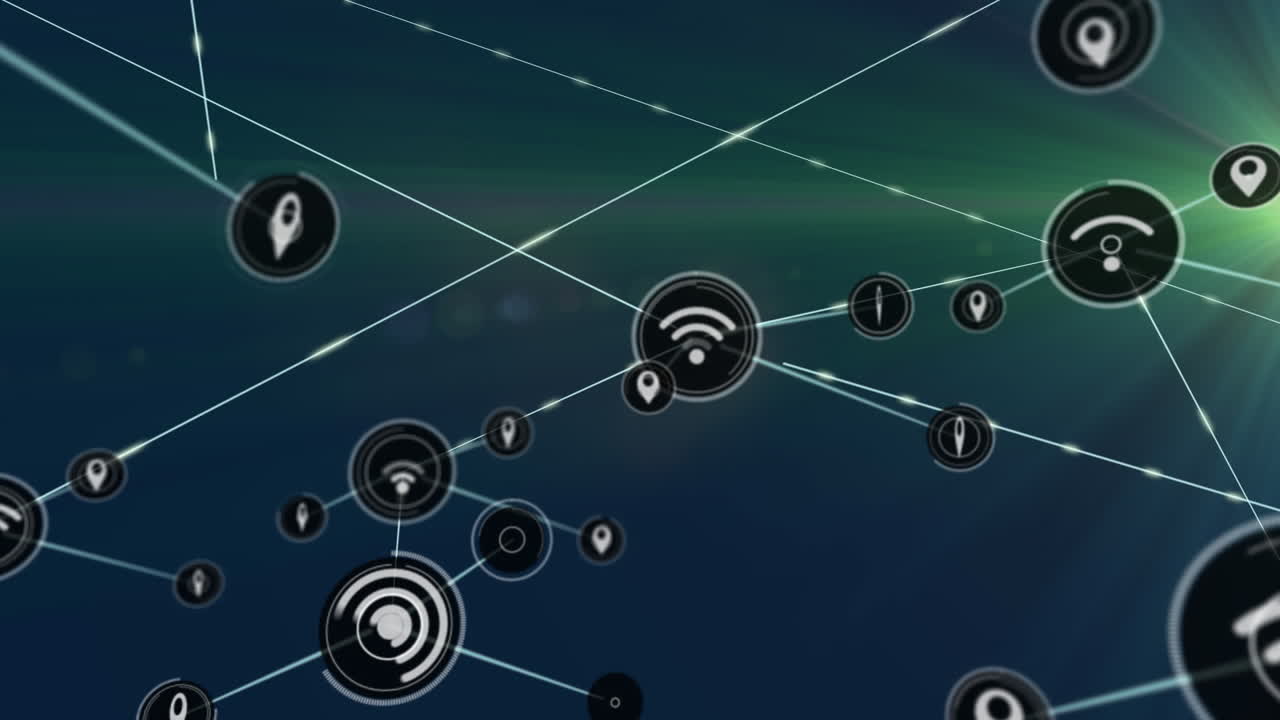 animación de iconos de wifi y marcadores conectados con líneas y destellos de lente sobre fondo azul.