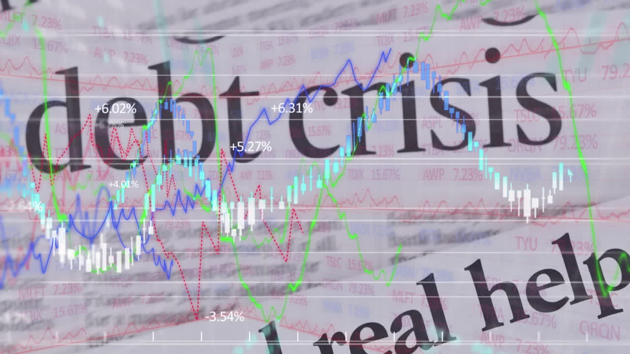 주식 시장 위기에 대한 부채 위기라고 말하는 신문 헤드라인의 애니메이션이 배경에 표시됩니다.
