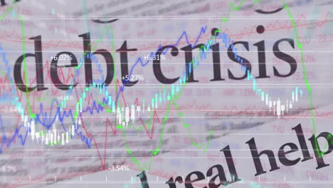 animation of newspaper headlines saying debt crisis over stock market display in the background