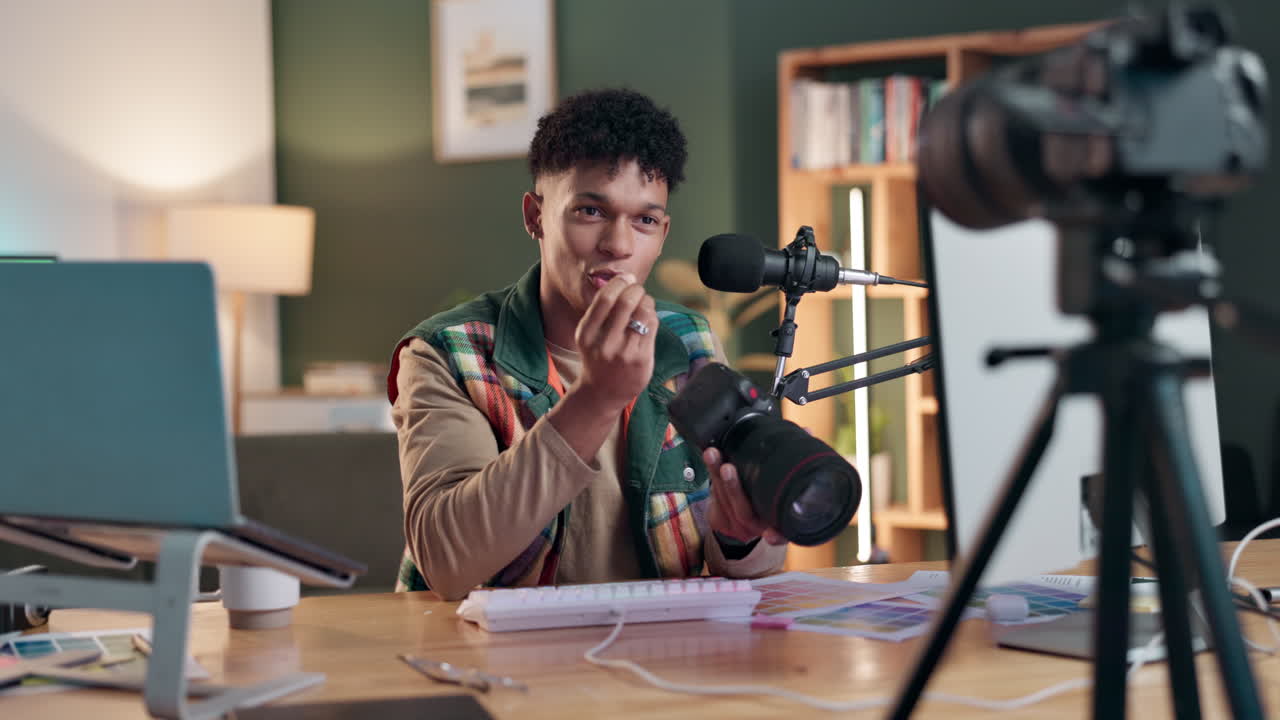 Man Recording Video with Camera and Microphone