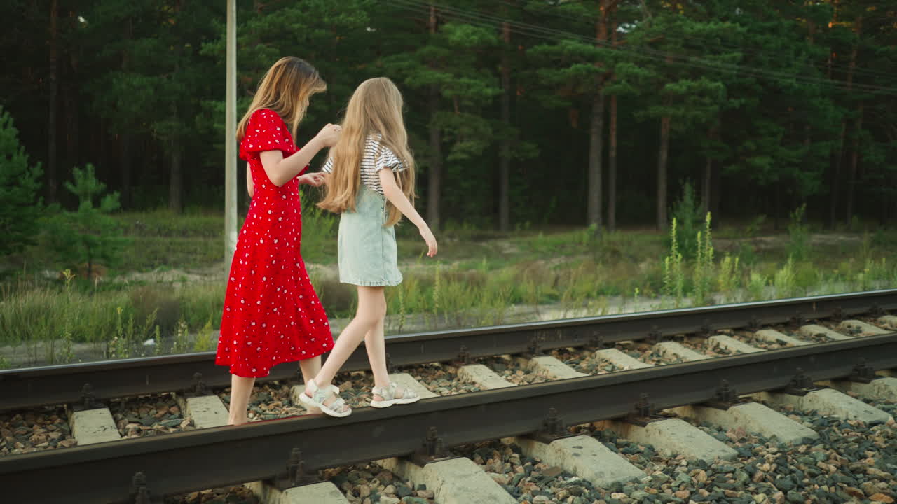 supportive woman in red dress holding little girl hand as she stumbles off rail beam, helping her regain balance and climb back up while surrounded by gravel
