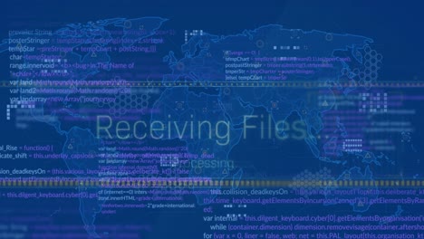 Animation-of-interface-with-data-processing-over-world-map-against-blue-background