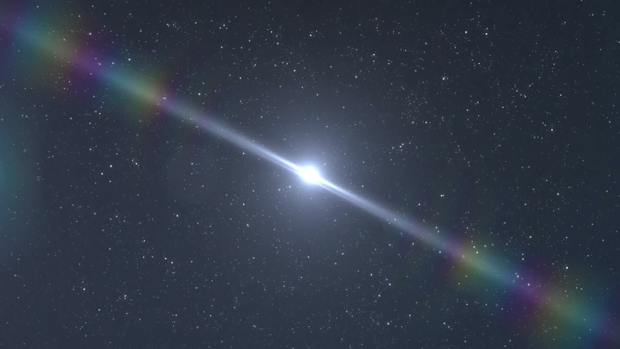Animation of glowing white light spot with prismatic beams moving in celestial starry black sky