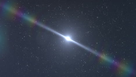 animation of glowing white light spot with prismatic beams moving in celestial starry black sky