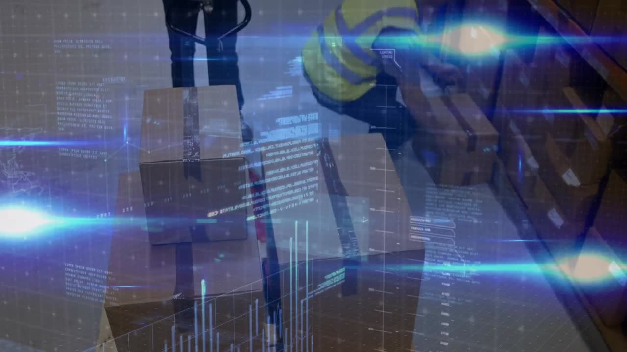 animación de la interfaz digital sobre los trabajadores del almacén caucásico