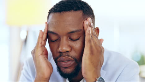 black man, business and stress headache in closeup